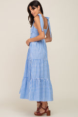 Blue Checkered Sleeveless Tiered Maxi Dress