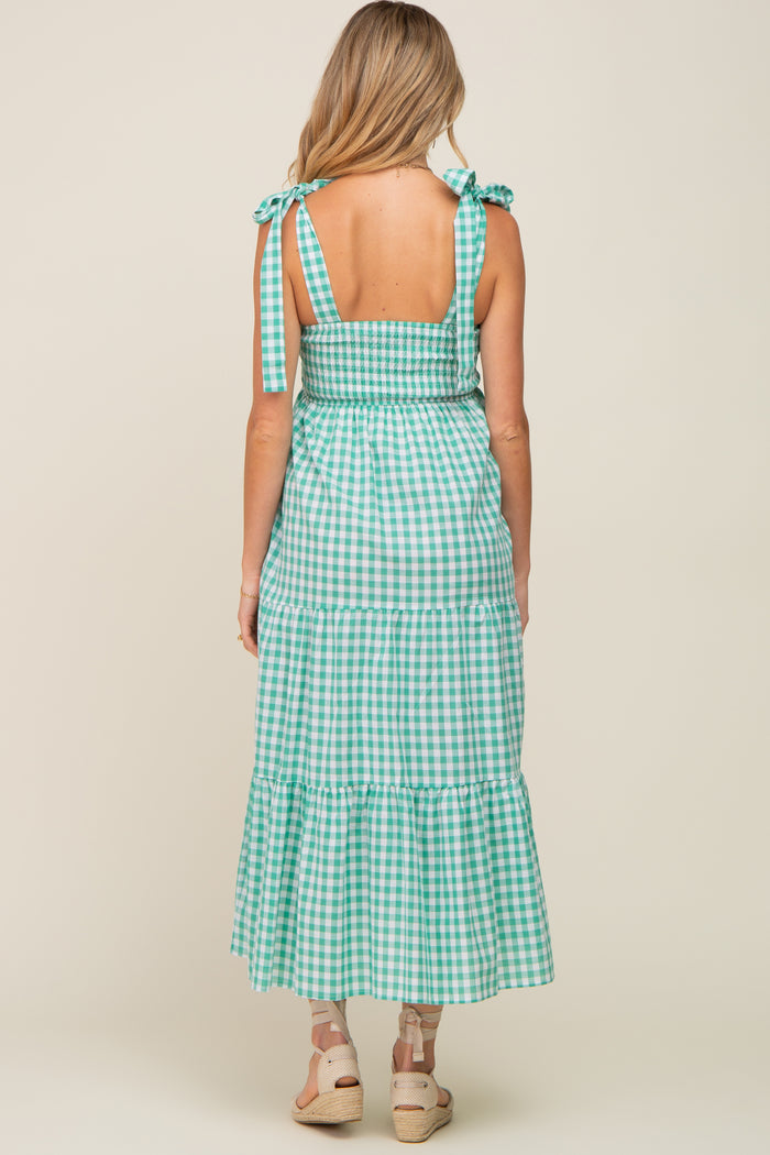 Green Checkered Sleeveless Tiered Maternity Maxi Dress