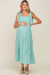 Green Checkered Sleeveless Tiered Maternity Maxi Dress