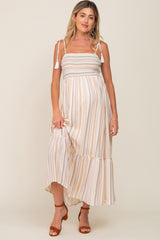 Ivory Striped Smocked Shoulder Tie Maternity Maxi Dress