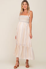 Ivory Striped Smocked Shoulder Tie Maternity Maxi Dress