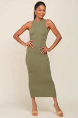 Olive Ribbed Back Cutout Fitted Midi Dress