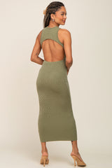 Olive Ribbed Back Cutout Fitted Midi Dress