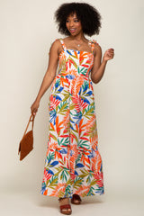 Orange Multi-Color Palm Print Shoulder Tie Maxi Dress