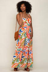 Orange Multi-Color Palm Print Shoulder Tie Maxi Dress