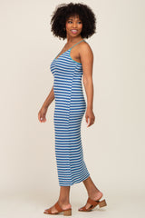 Blue Striped Crochet Knit Midi Dress