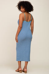 Blue Striped Crochet Knit Midi Dress