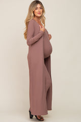 Mocha Ribbed Sleeveless Dress Cardigan Maternity Set