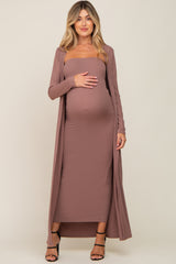 Mocha Ribbed Sleeveless Dress Cardigan Maternity Set