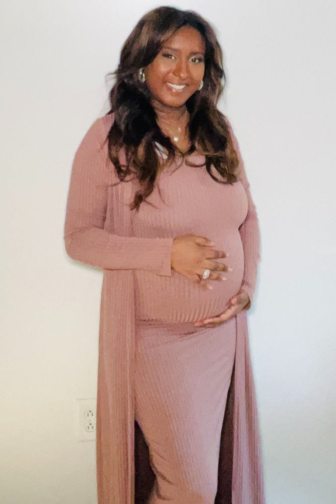 Mocha Ribbed Sleeveless Dress Cardigan Maternity Set