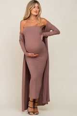 Mocha Ribbed Sleeveless Dress Cardigan Maternity Set