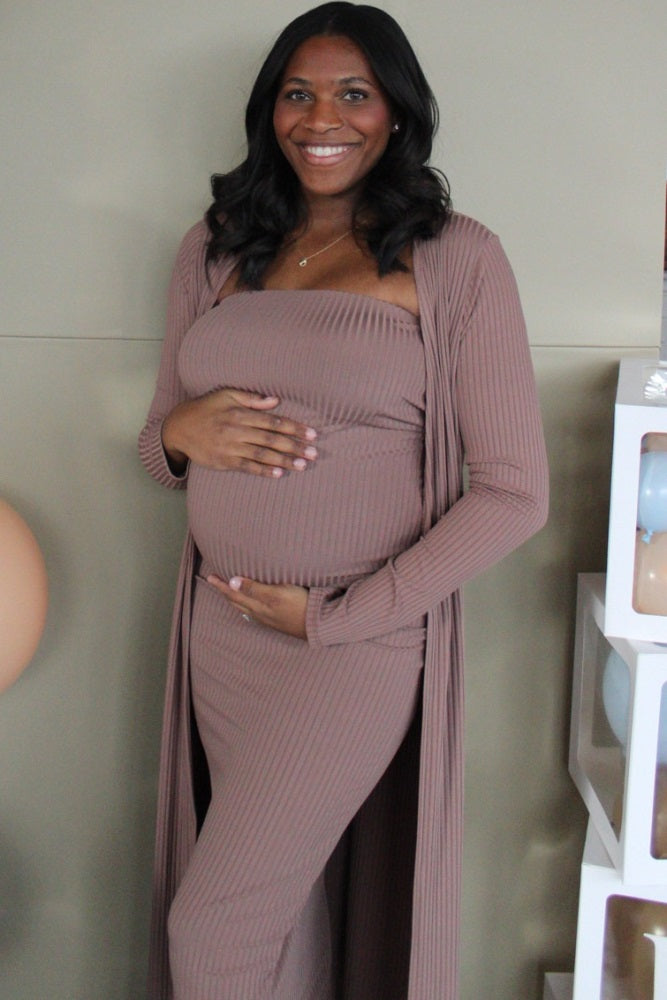Mocha Ribbed Sleeveless Dress Cardigan Maternity Set