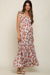 Cream Floral Smocked Shoulder Tie Tiered Maternity Maxi Dress