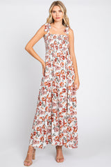 Cream Floral Smocked Shoulder Tie Tiered Maternity Maxi Dress