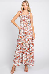 Cream Floral Smocked Shoulder Tie Tiered Maxi Dress