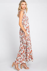 Cream Floral Smocked Shoulder Tie Tiered Maxi Dress