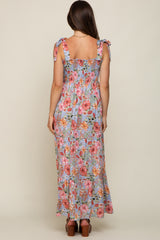 Light Blue Floral Smocked Shoulder Tie Tiered Maternity Maxi Dress