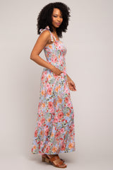 Light Blue Floral Smocked Shoulder Tie Tiered Maxi Dress