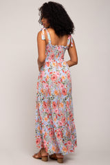 Light Blue Floral Smocked Shoulder Tie Tiered Maxi Dress