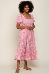 Pink Floral Smocked Short Sleeve Maternity Midi Dress