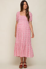 Pink Floral Smocked Short Sleeve Maternity Midi Dress