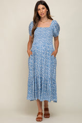 Blue Floral Smocked Short Sleeve Maternity Midi Dress