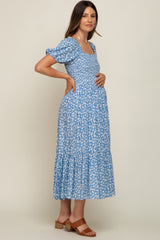 Blue Floral Smocked Short Sleeve Maternity Midi Dress