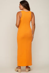 Orange Sleeveless Ribbed Maternity Maxi Dress