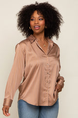 Camel Metallic Stripe Satin Long Sleeve Blouse