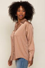 Camel Metallic Stripe Satin Long Sleeve Blouse