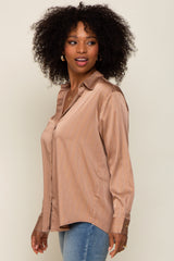 Camel Metallic Stripe Satin Long Sleeve Blouse