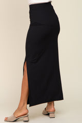 Black Ribbed Side Slit Midi Skirt