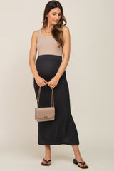 Black Ribbed Side Slit Maternity Midi Skirt