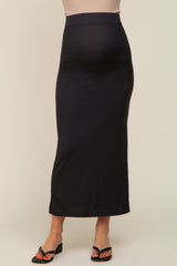 Black Ribbed Side Slit Maternity Midi Skirt