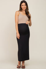 Black Ribbed Side Slit Maternity Midi Skirt