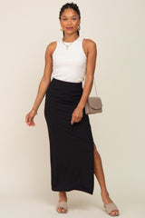 Black Ribbed Side Slit Maternity Midi Skirt