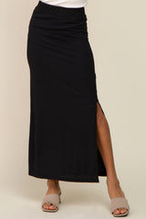 Black Ribbed Side Slit Midi Skirt