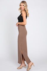 Mocha Ribbed Side Slit Midi Skirt