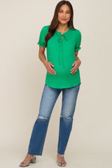 Green Ruffle Accent Tie Front Maternity Blouse