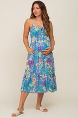 Teal Floral Shirred Maternity Midi Dress