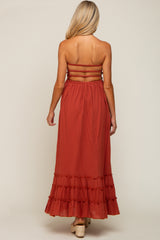 Rust Smocked Cutout Back Maternity Maxi Dress