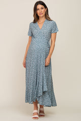 Light Olive Floral Wrap Front V-Neck Short Sleeve Maternity Midi Dress