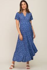 Navy Blue Floral Wrap Front V-Neck Short Sleeve Maternity Midi Dress