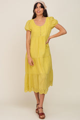 Lime Eyelet Button Front Tiered Scalloped Hem Midi Dress