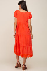 Coral Eyelet Button Front Tiered Scalloped Hem Midi Dress