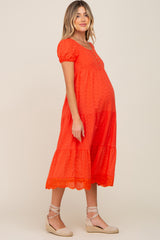 Coral Eyelet Button Front Tiered Scalloped Hem Maternity Midi Dress