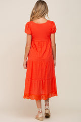 Coral Eyelet Button Front Tiered Scalloped Hem Maternity Midi Dress