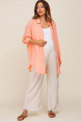 Peach Lightweight Sheer Button Down Maternity Blouse