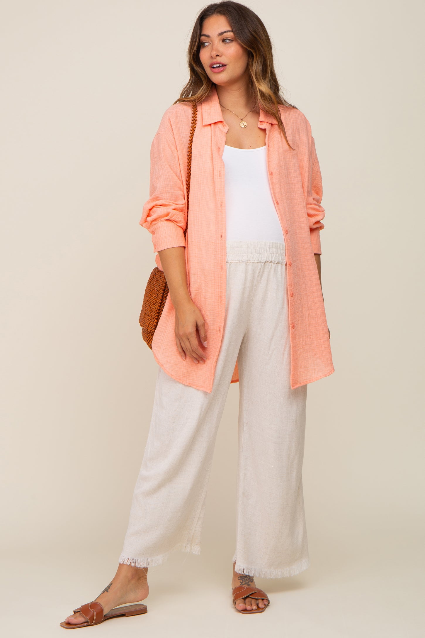 Peach Lightweight Sheer Button Down Maternity Blouse