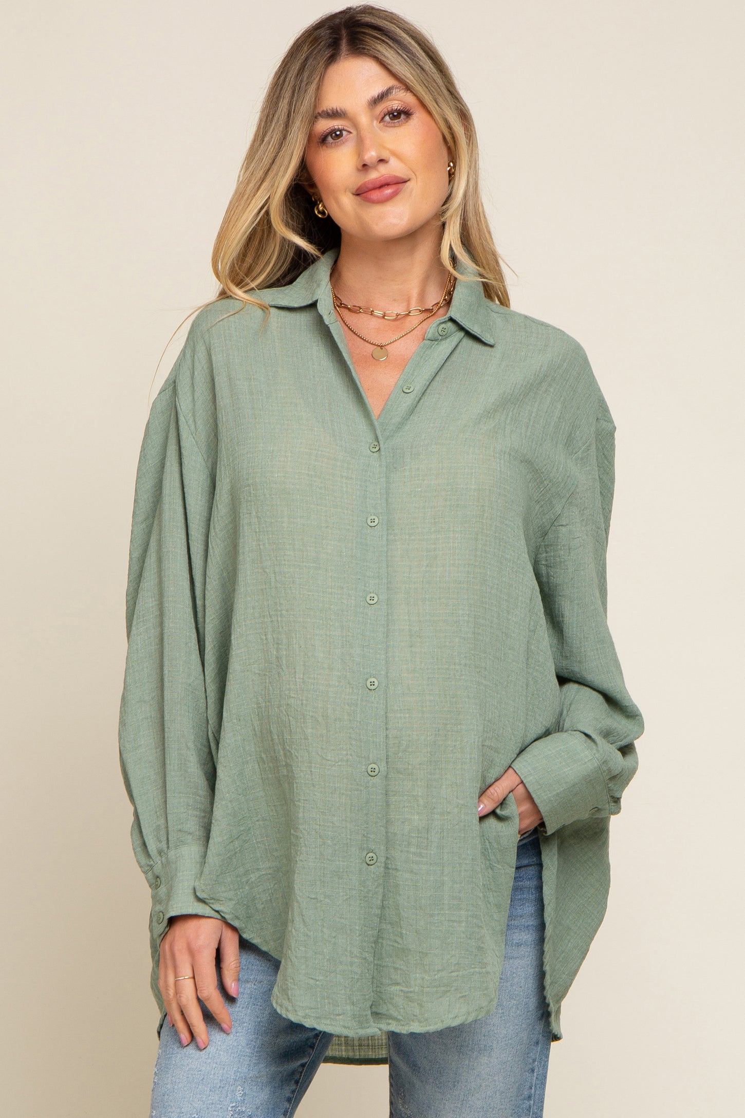 Green Lightweight Sheer Button Down Maternity Blouse